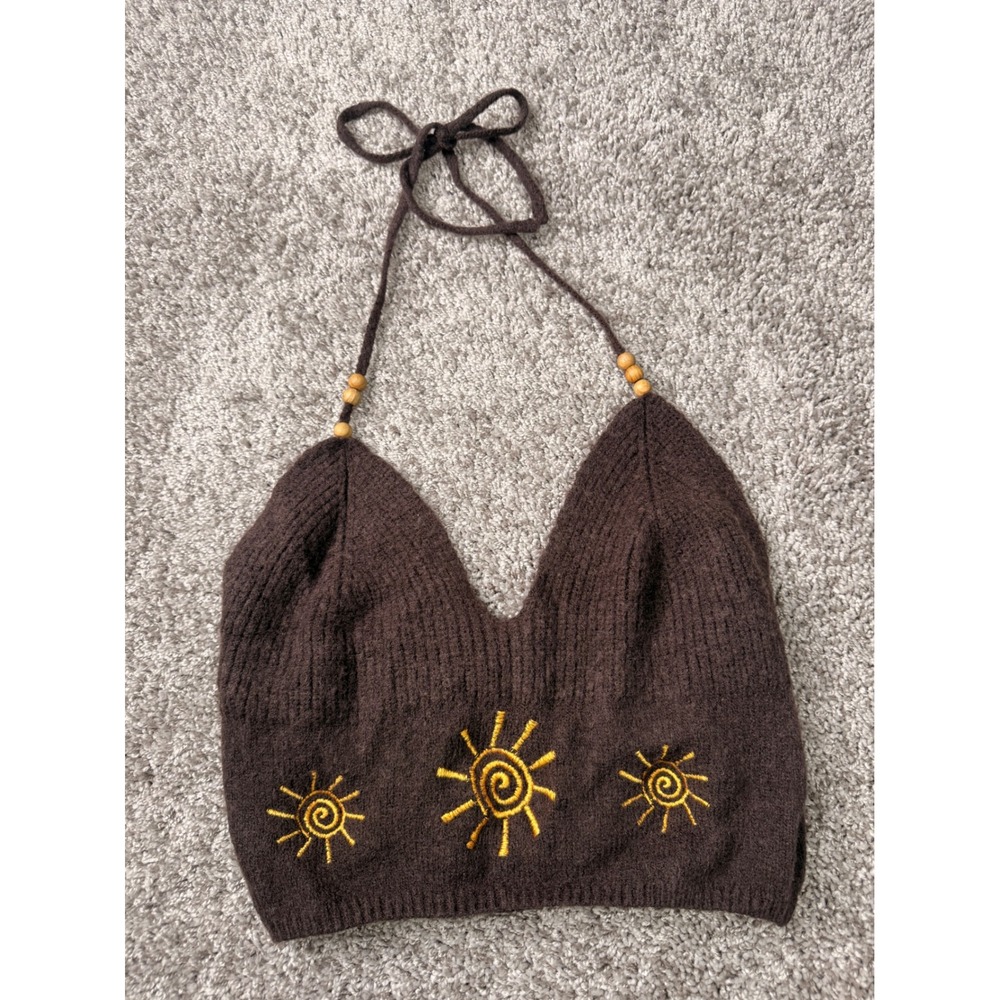 Vintage Y2K Brown Fuzzy Knit Halter Top Sun Embroidery Beaded Boho